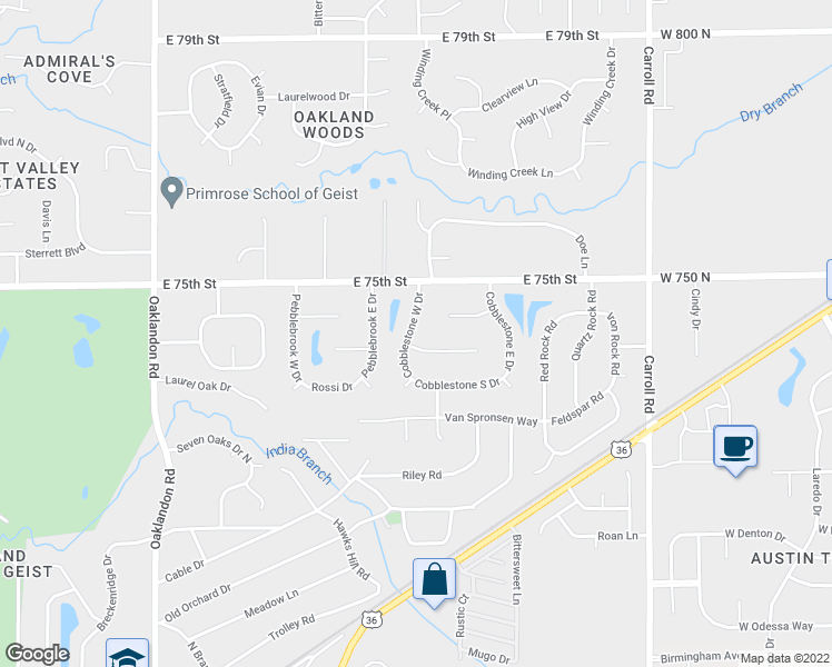 map of restaurants, bars, coffee shops, grocery stores, and more near 7427 Cobblestone West Drive in Indianapolis