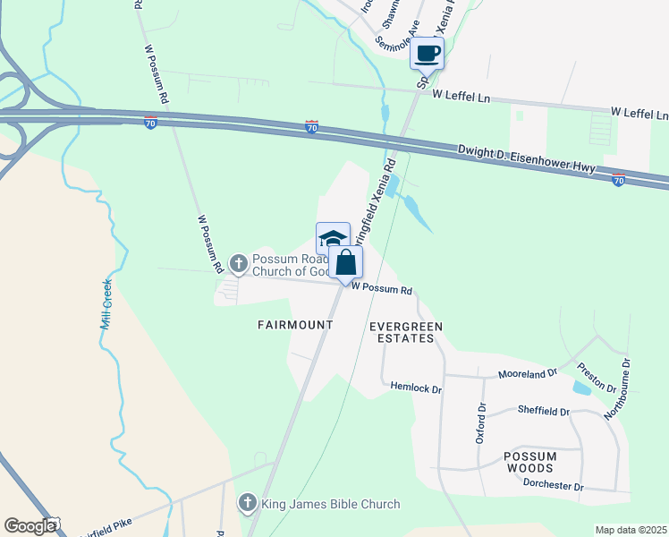 map of restaurants, bars, coffee shops, grocery stores, and more near 2589 South Yellow Springs Street in Springfield