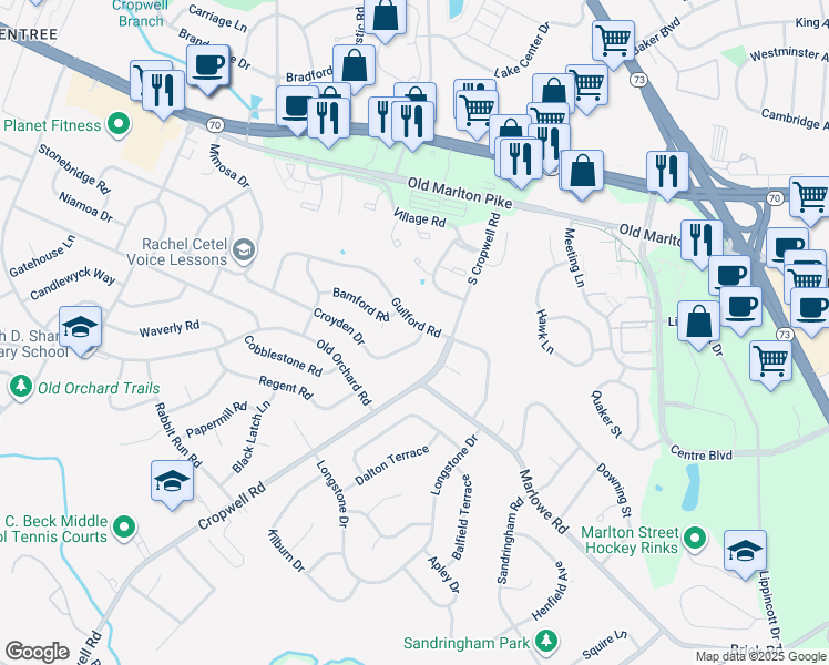 map of restaurants, bars, coffee shops, grocery stores, and more near 645 Croyden Drive in Cherry Hill