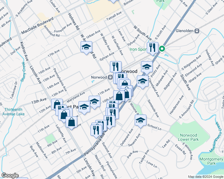 map of restaurants, bars, coffee shops, grocery stores, and more near 43 West Amosland Road in Norwood