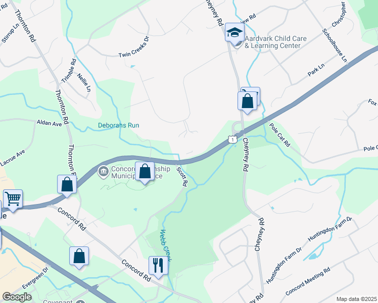 map of restaurants, bars, coffee shops, grocery stores, and more near 549 Baltimore Pike in Glen Mills