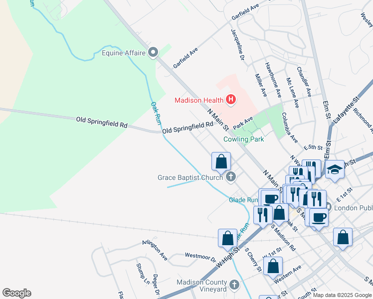 map of restaurants, bars, coffee shops, grocery stores, and more near 193 North Madison Road in London