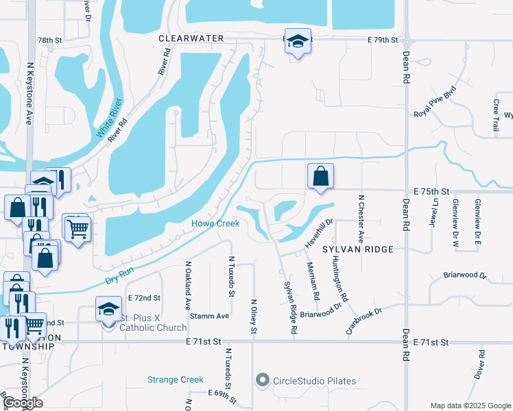map of restaurants, bars, coffee shops, grocery stores, and more near 7420 Sylvan Ridge Road in Indianapolis