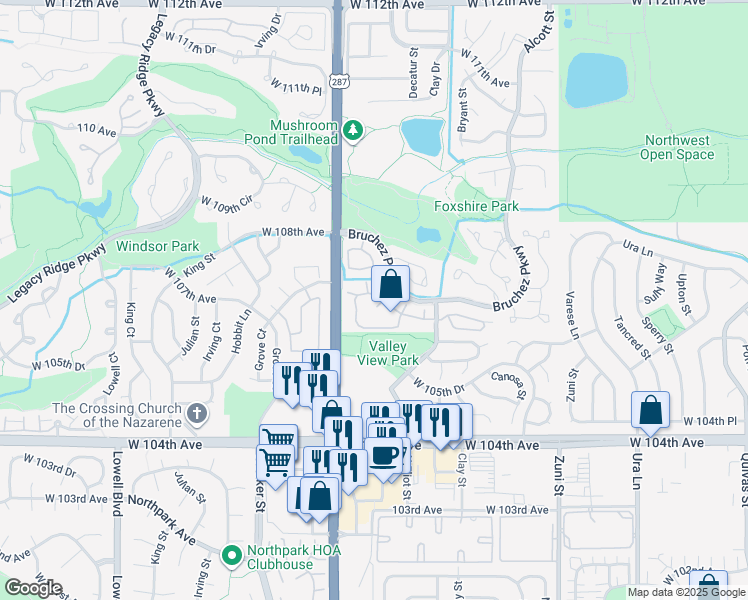 map of restaurants, bars, coffee shops, grocery stores, and more near 2728 Bruchez Parkway in Denver
