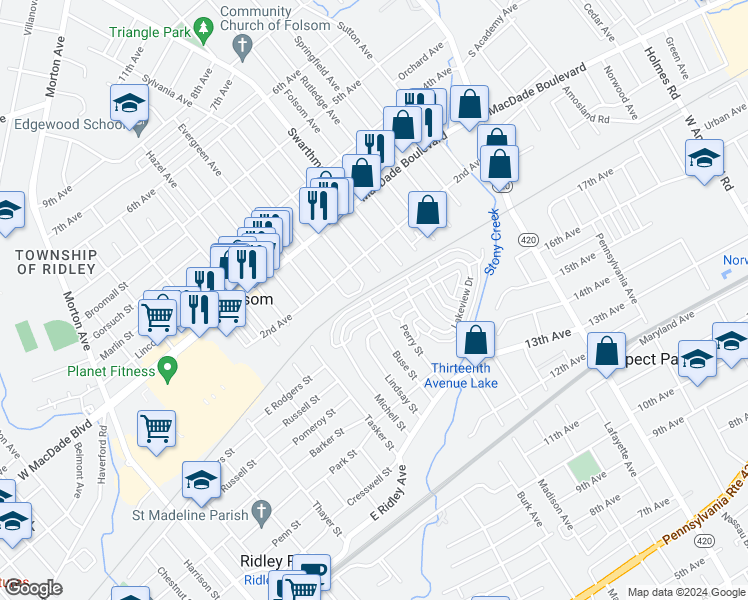 map of restaurants, bars, coffee shops, grocery stores, and more near 600 Michell Street in Ridley Park