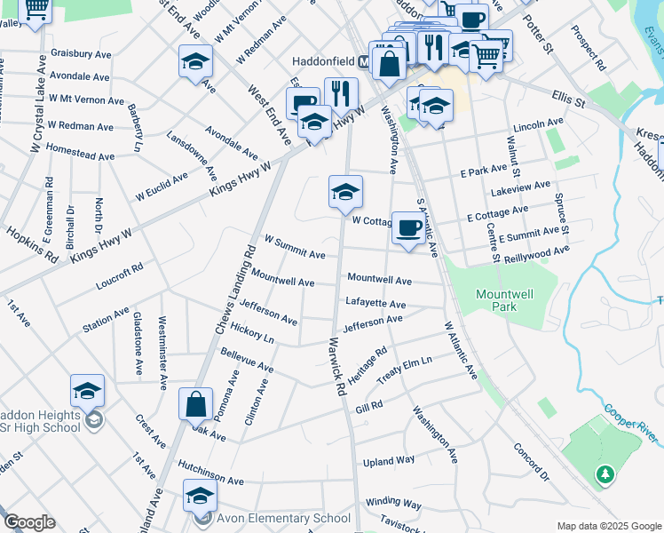 map of restaurants, bars, coffee shops, grocery stores, and more near 320 Warwick Road in Haddonfield