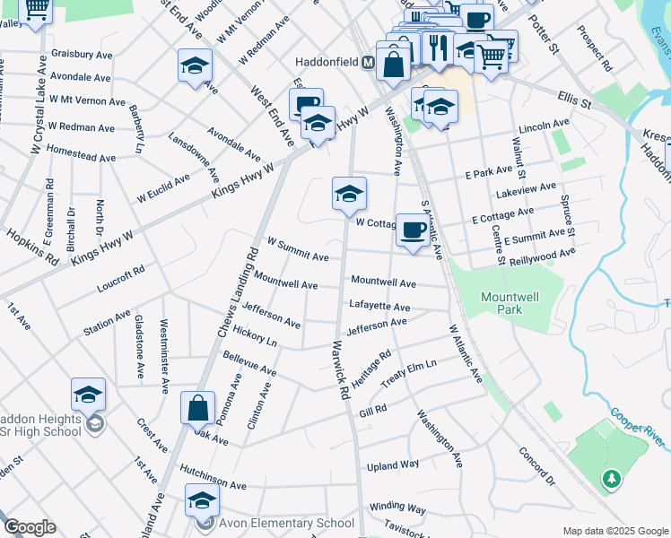 map of restaurants, bars, coffee shops, grocery stores, and more near 320 Warwick Road in Haddonfield