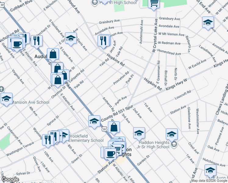 map of restaurants, bars, coffee shops, grocery stores, and more near 720 Bringhurst Avenue in Audubon