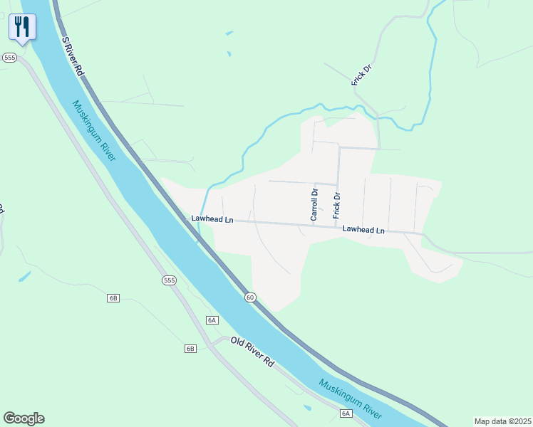map of restaurants, bars, coffee shops, grocery stores, and more near 1615 Lawhead Lane in Zanesville