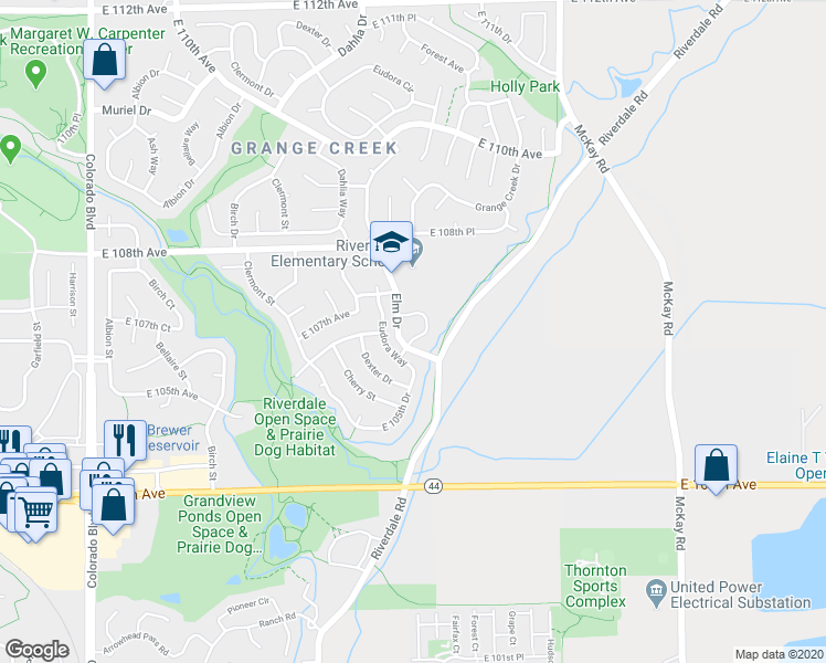 map of restaurants, bars, coffee shops, grocery stores, and more near 5019 East 106th Circle in Thornton