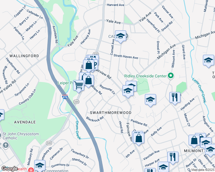 map of restaurants, bars, coffee shops, grocery stores, and more near 1563 Raymond Circle in Swarthmore