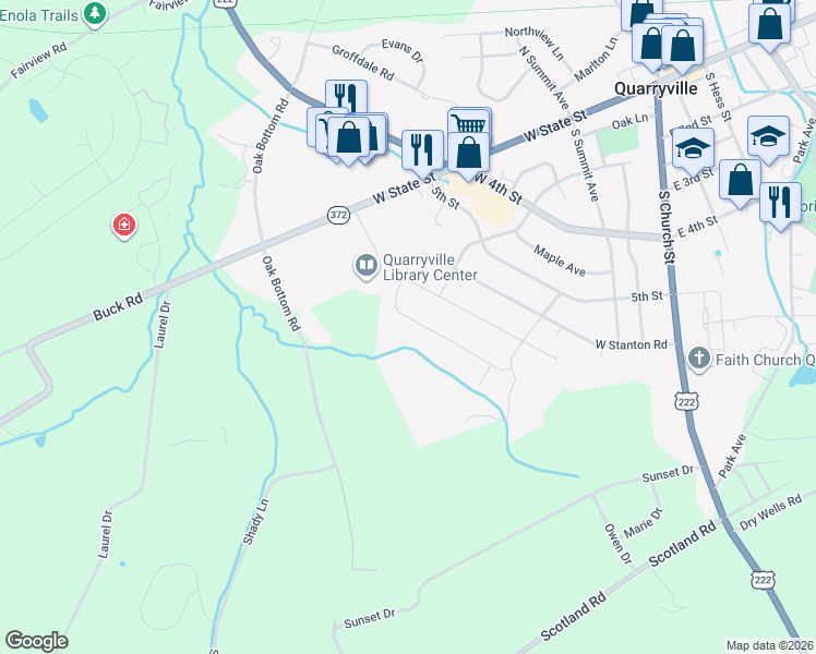 map of restaurants, bars, coffee shops, grocery stores, and more near 341 West Fritz Avenue in Quarryville