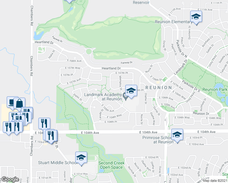 map of restaurants, bars, coffee shops, grocery stores, and more near 16230 East 106th Way in Commerce City
