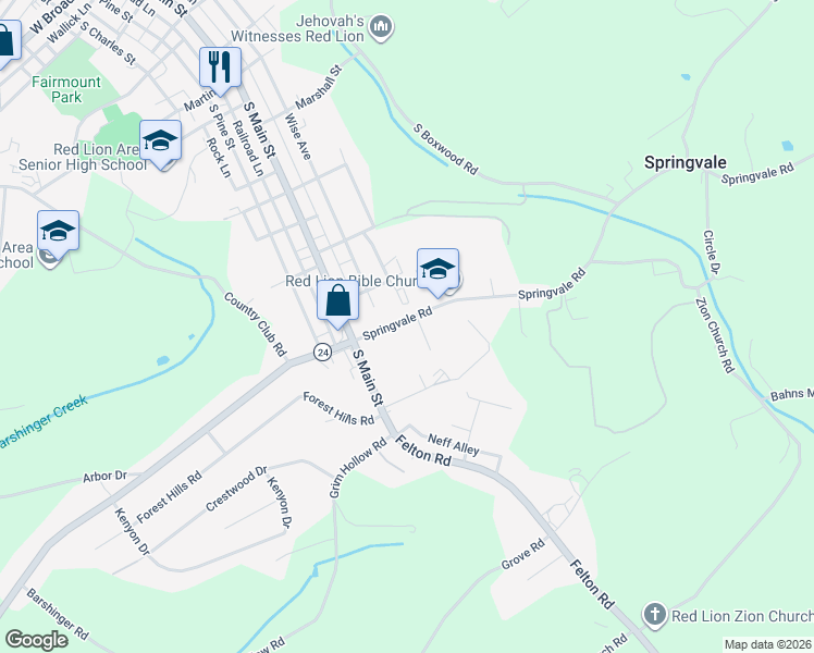 map of restaurants, bars, coffee shops, grocery stores, and more near 40 Springvale Road in Red Lion