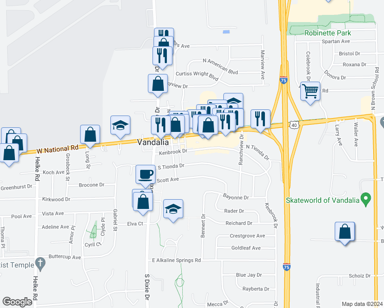 map of restaurants, bars, coffee shops, grocery stores, and more near 202 Kenbrook Drive in Vandalia