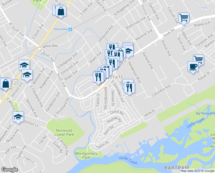 map of restaurants, bars, coffee shops, grocery stores, and more near 713 Bennington Road in Folcroft