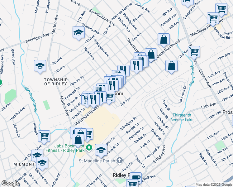map of restaurants, bars, coffee shops, grocery stores, and more near 500 East Macdade Boulevard in Folsom