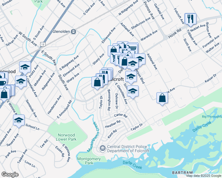 map of restaurants, bars, coffee shops, grocery stores, and more near 713 Bennington Road in Folcroft