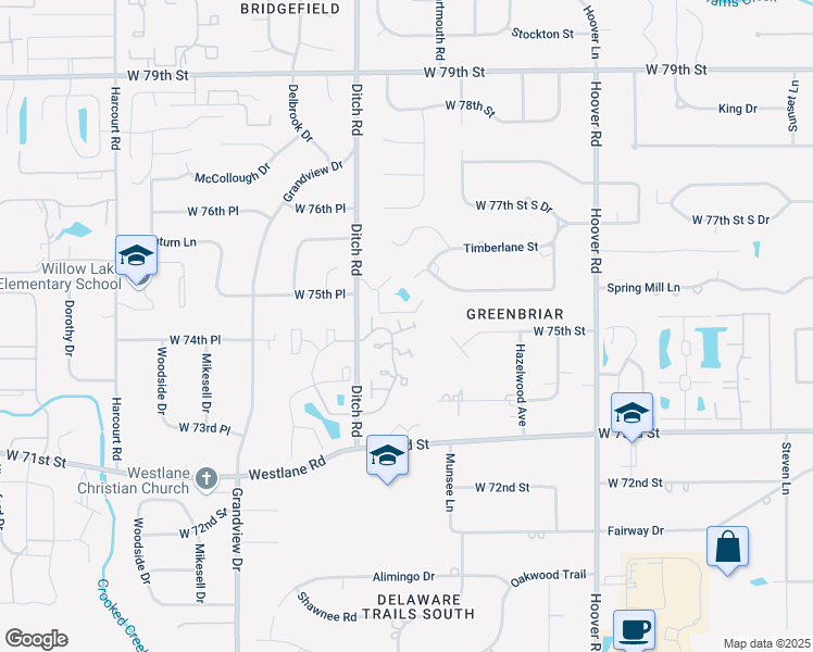 map of restaurants, bars, coffee shops, grocery stores, and more near 7487 Countrybrook Drive in Indianapolis