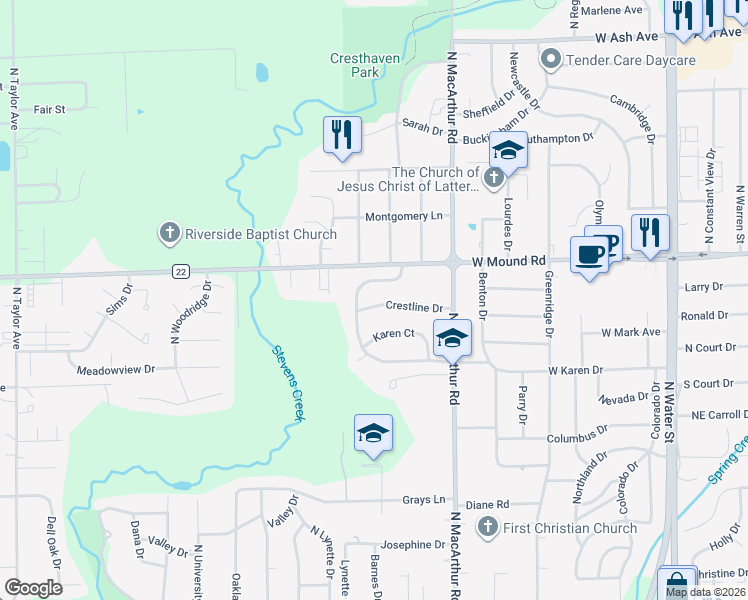 map of restaurants, bars, coffee shops, grocery stores, and more near 601-799 Crestline Drive in Decatur