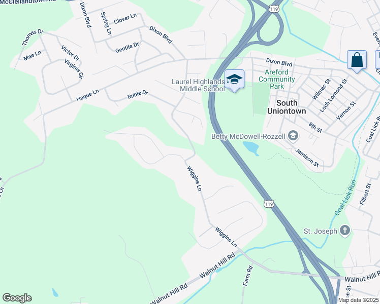map of restaurants, bars, coffee shops, grocery stores, and more near 100 Wiggins Lane in Uniontown
