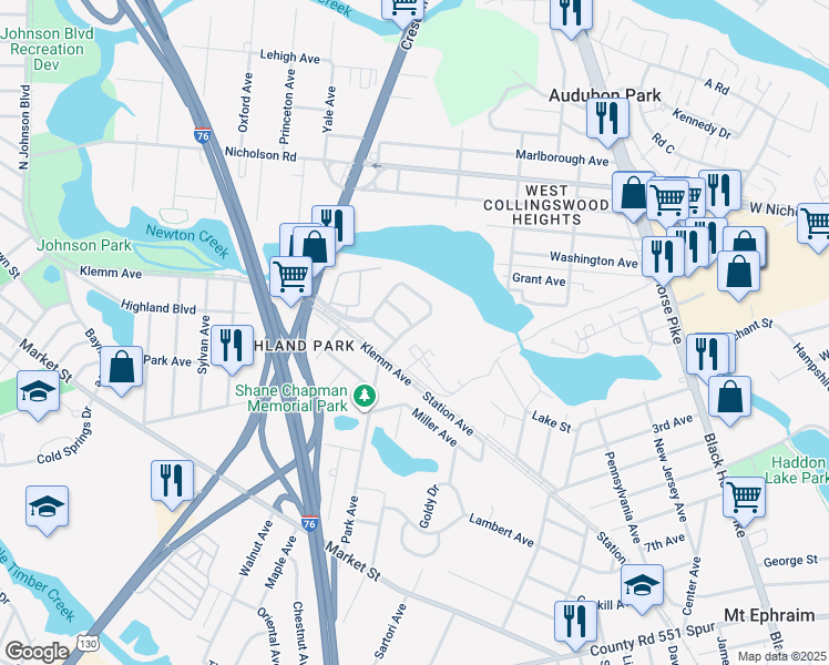 map of restaurants, bars, coffee shops, grocery stores, and more near 14 Springdale Drive in Gloucester City
