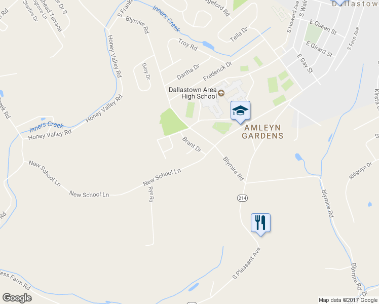 map of restaurants, bars, coffee shops, grocery stores, and more near Wolsey Drive in Dallastown