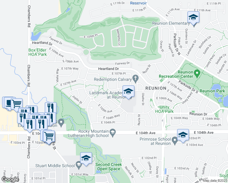 map of restaurants, bars, coffee shops, grocery stores, and more near 16229 East 105th Way in Commerce City