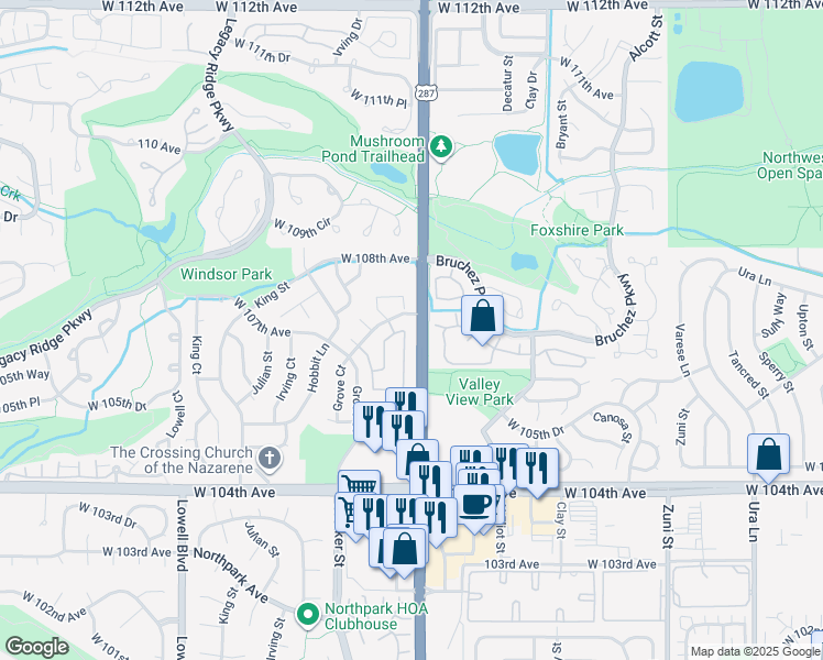 map of restaurants, bars, coffee shops, grocery stores, and more near 3052 West 107th Place in Westminster
