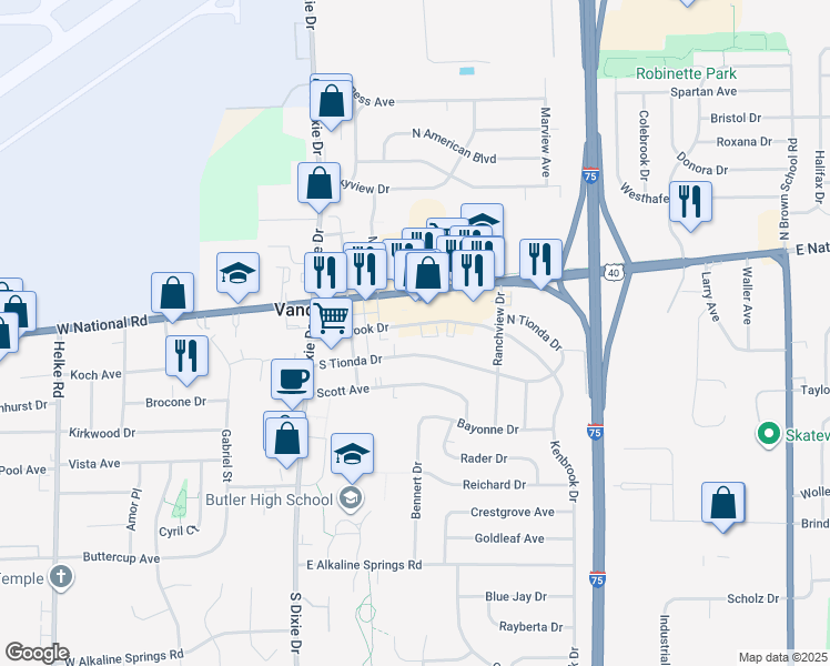 map of restaurants, bars, coffee shops, grocery stores, and more near 221 Tionda Drive South in Vandalia
