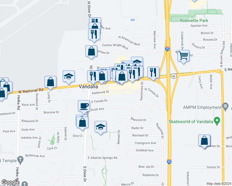 map of restaurants, bars, coffee shops, grocery stores, and more near 221 Tionda Drive South in Vandalia