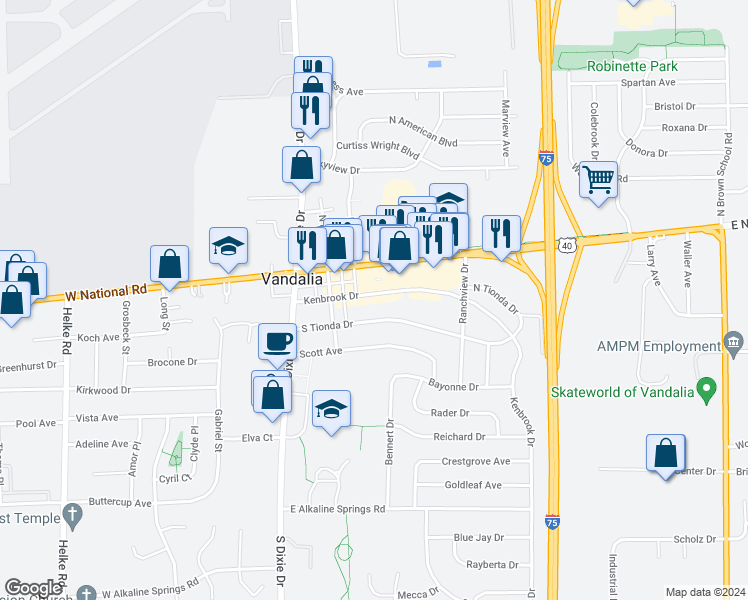 map of restaurants, bars, coffee shops, grocery stores, and more near 221 Tionda Drive South in Vandalia