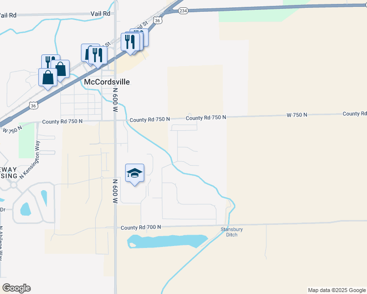map of restaurants, bars, coffee shops, grocery stores, and more near 6087 West 750 North in McCordsville