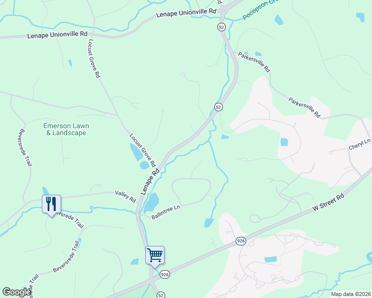 map of restaurants, bars, coffee shops, grocery stores, and more near 1875 Lenape Road in West Chester
