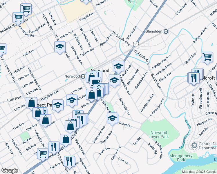 map of restaurants, bars, coffee shops, grocery stores, and more near 314 Chester Pike in Norwood