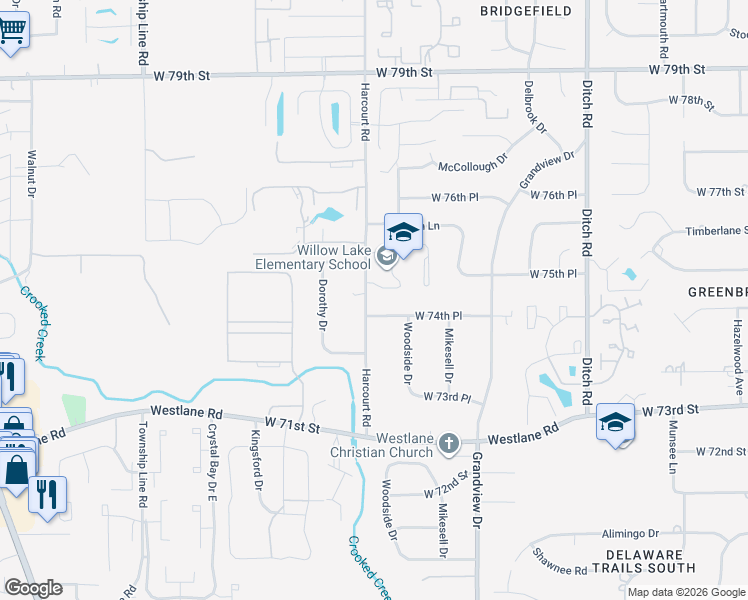map of restaurants, bars, coffee shops, grocery stores, and more near 1840 West 74th Place in Indianapolis