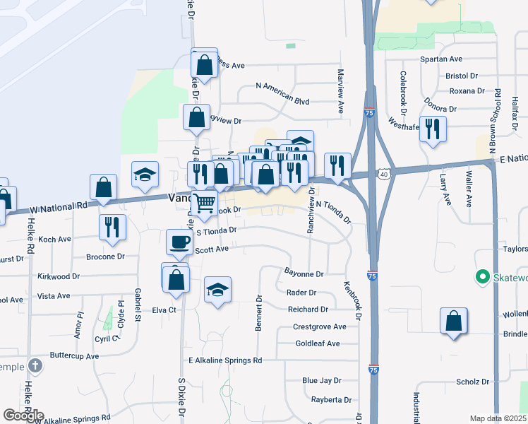 map of restaurants, bars, coffee shops, grocery stores, and more near 314 Kenbrook Drive in Vandalia