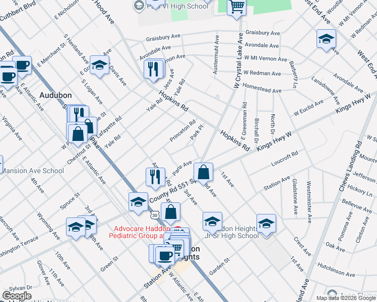 map of restaurants, bars, coffee shops, grocery stores, and more near 151 Paris Avenue in Audubon