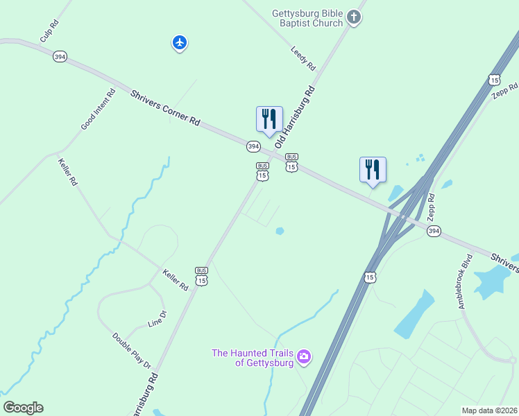 map of restaurants, bars, coffee shops, grocery stores, and more near 2581 Old Harrisburg Road in Gettysburg
