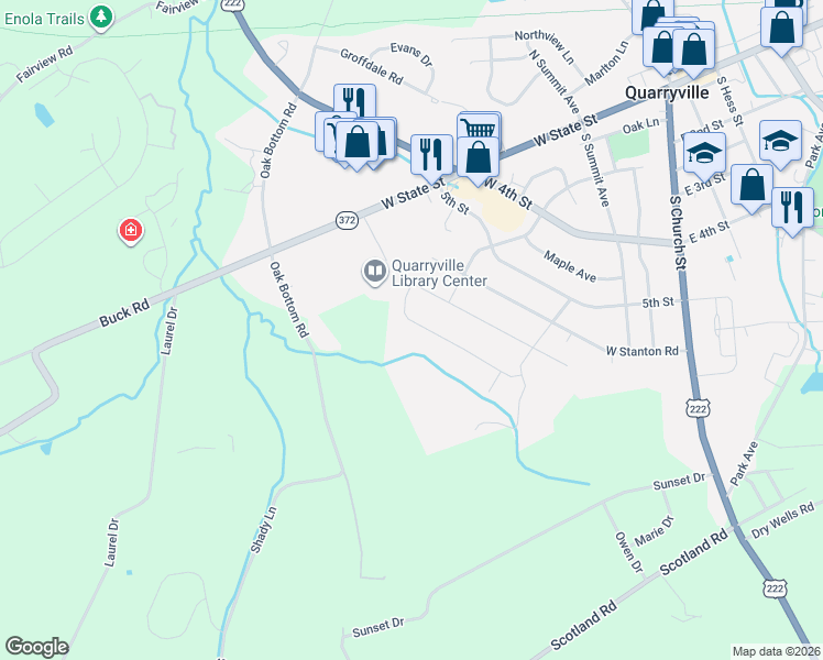 map of restaurants, bars, coffee shops, grocery stores, and more near 341 West Fritz Avenue in Quarryville