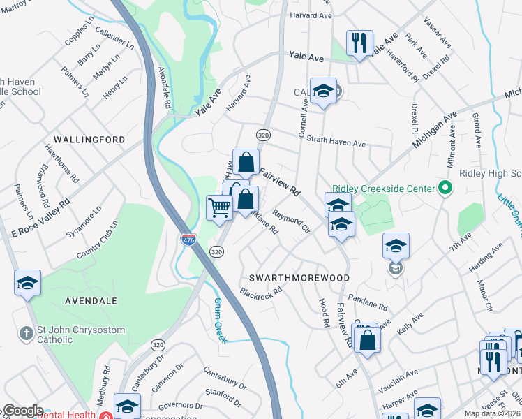 map of restaurants, bars, coffee shops, grocery stores, and more near 1577 Parklane Road in Swarthmore