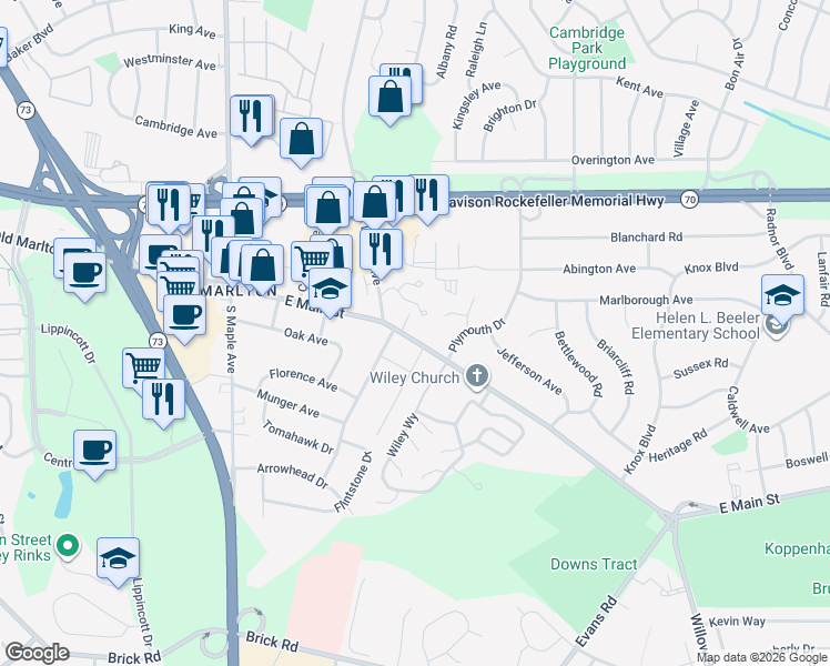 map of restaurants, bars, coffee shops, grocery stores, and more near 87 East Main Street in Evesham