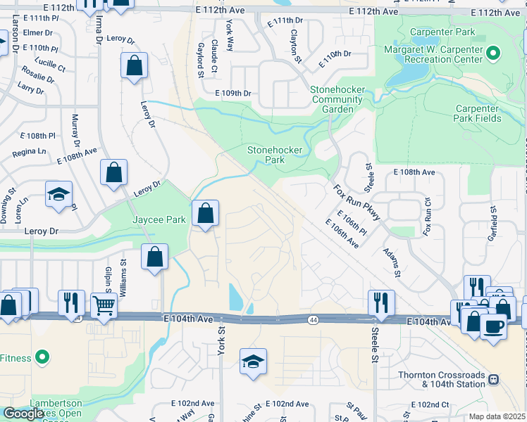 map of restaurants, bars, coffee shops, grocery stores, and more near Sunny Acres in Thornton