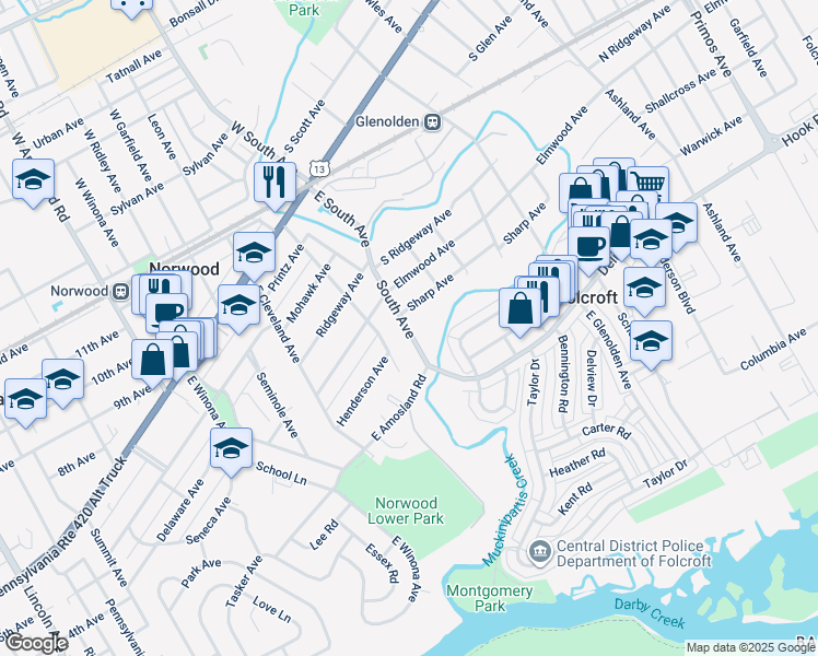 map of restaurants, bars, coffee shops, grocery stores, and more near 334 South Avenue in Norwood
