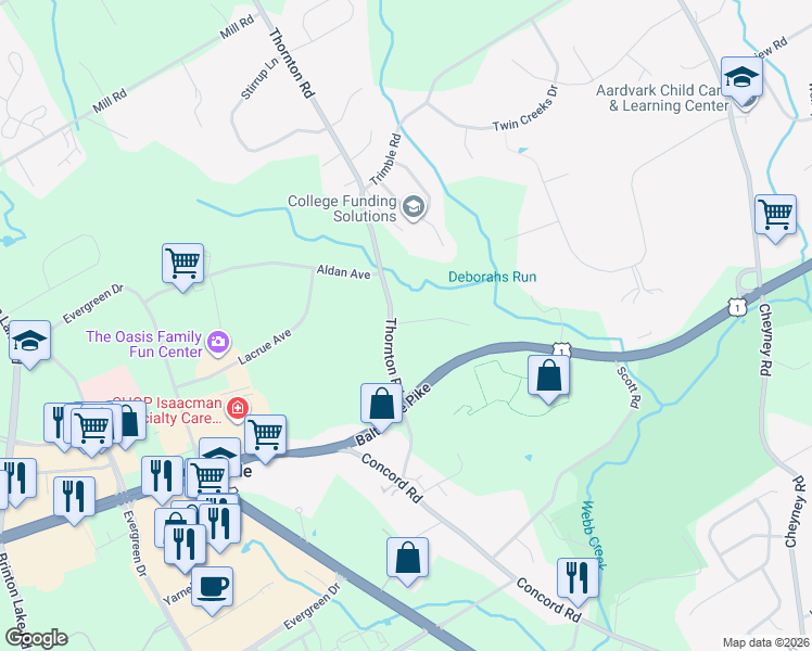 map of restaurants, bars, coffee shops, grocery stores, and more near in Concordville