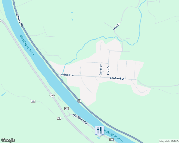 map of restaurants, bars, coffee shops, grocery stores, and more near 1615 Lawhead Lane in Zanesville