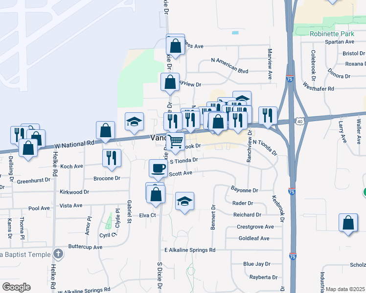 map of restaurants, bars, coffee shops, grocery stores, and more near 18 Kenbrook Drive in Vandalia