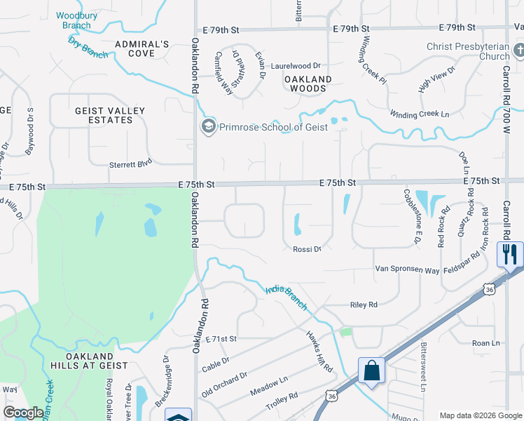 map of restaurants, bars, coffee shops, grocery stores, and more near 7412 Fairway Circle East Drive in Indianapolis