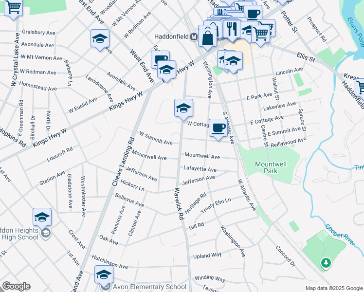map of restaurants, bars, coffee shops, grocery stores, and more near 127 Mountwell Avenue in Haddonfield
