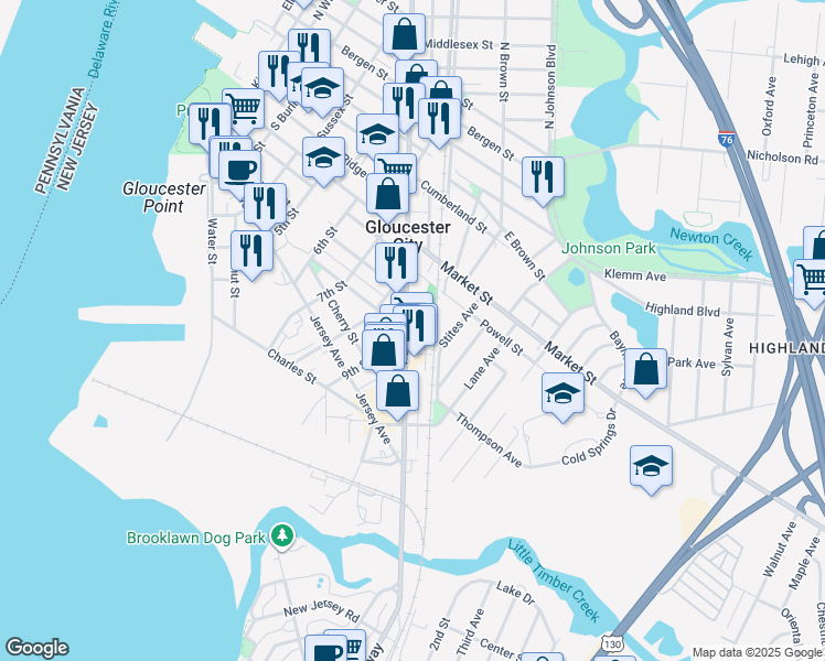 map of restaurants, bars, coffee shops, grocery stores, and more near 911 George Street in Gloucester City